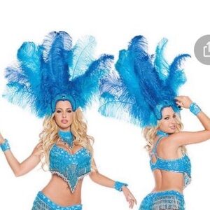 Vibrant Blue & Teal Feathered Costume burlesque festival Mardi Gras  headdress